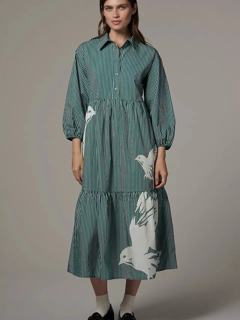 Anthropologie Maeve Striped Green Button-Front Midi Dress with White Bird Print